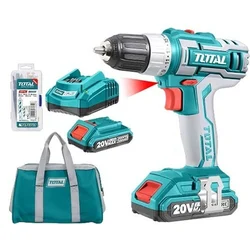 Total 10 mm 20V Lithium-Ion Cordless Drill with Battery, Charger & Accessories, 400-1500 RPM (TDLI2002)