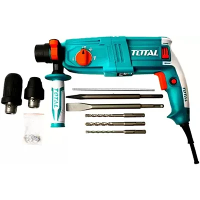 Total 26 mm 800 Watt Rotary Hammer with Drill Bits, Chisel & Keyless Quick-Change Chuck, 1100 RPM (TH308268-2)