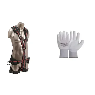 KARAM PN 56 Polyester Full Body Safety Tower Harness with HS 21 Pack of 1 Large White PU Gloves Combo