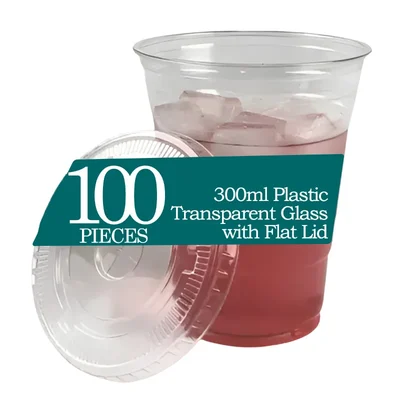 300ml (10oz) Clear Plastic Glass with Flat Lids, Crystal Transparent Disposable Drink Glasses for Iced Coffee, Smoothies(Pack-100 Pcs )