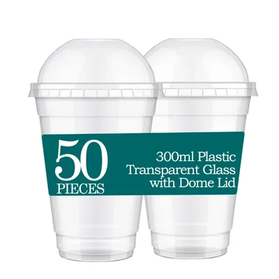 300ml Transparent Plastic Glass with Dome Lids(Pack-50 Pcs )
