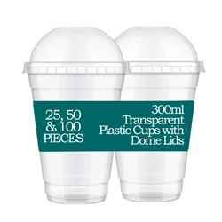 300ml Transparent Plastic Glass with Dome Lids(Pack-50 Pcs )