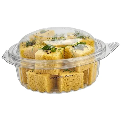 100pcs, 250ml Transparent Round Hinged Container for Dhokla, Burger and Snacks Packaging