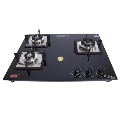 Clix Dura 3 Burner Built-In Hob Toughened Glass Top and High-Efficiency Brass Burners with Auto Ignition