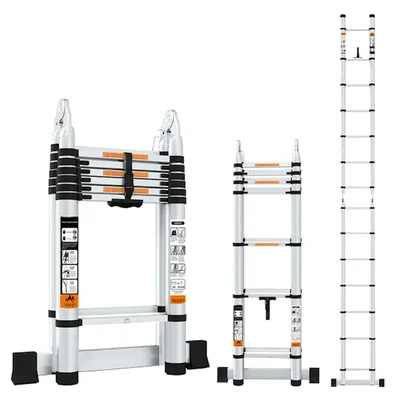 TROLIFT 15 Feet (4.4 meter) 14 Steps 2-in-1 Double Aluminium Telescopic Ladder, 150 kg Load Capacity