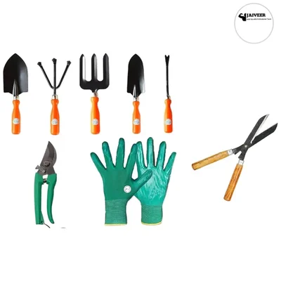 Jaiveer Set of 8 Garden Tools - Trowel, Transplanter, Garden Fork, Cultivator, Weeder, Pruner, Hedge Shear and Garden Gloves