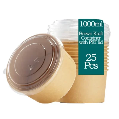 1000ml Brown Kraft Paper Tubs with Transparent PET Lid(Pack-25 pcs)