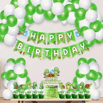 Turtle Theme 37 Pcs Birthday Party Decoration Kit Kids Safe Latex Balloons Cardstock Banner Cake Topper(Pack of 3)