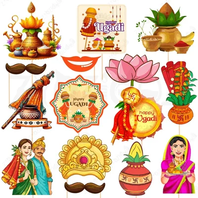 Happy Ugadi 15 Pcs Photobooth Props Kit Multi Colour Traditional Indian New Year Party Supplies With Kalash(Pack of 3)