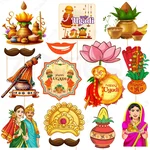 Happy Ugadi 15 Pcs Photobooth Props Kit Multi Colour Traditional Indian New Year Party Supplies With Kalash(Pack of 3)