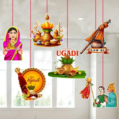 Happy Ugadi Festival 7 Pcs Cutouts Kit Multi Colour Wall Ceiling Hangings Traditional New Year Décor(Pack Of 5)