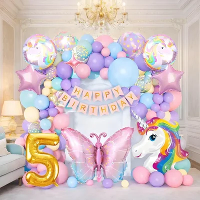 Pack of 4, 60 Pcs Unicorn Butterfly 5th Birthday Decoration Set | Pastel Balloon Arch Kit with Banner