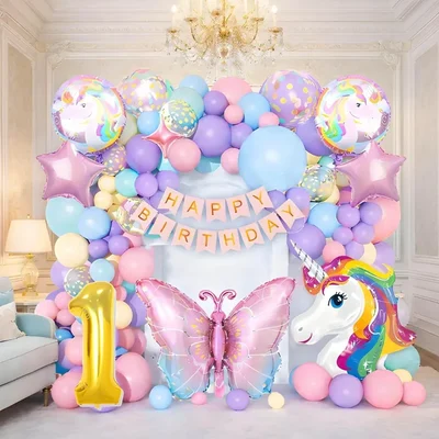 Pack of 4, 60 Pcs Unicorn Butterfly 1st Birthday Kit - Pastel Arch, Butterfly Foils & Banner