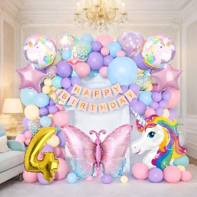 Pack of 4, 60 Pcs Unicorn Butterfly 4th Birthday Decoration Set | Pastel Balloon Arch Kit with Banner