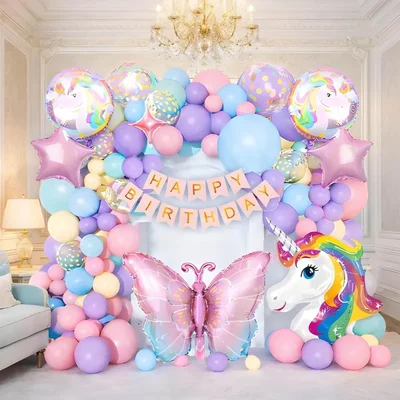 Pack of 4, 60 Pcs Unicorn Butterfly Decor Combo Set - Pastel Balloon Arch & Happy Birthday Banner