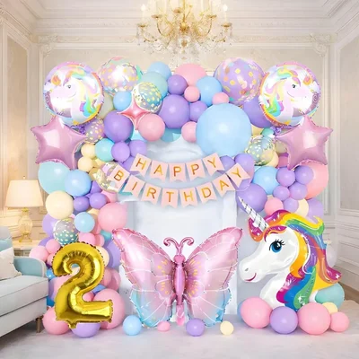 Pack of 4, 60 Pcs Unicorn Butterfly 2nd Birthday Kit - Pastel Garland, Butterfly Foils & Banner