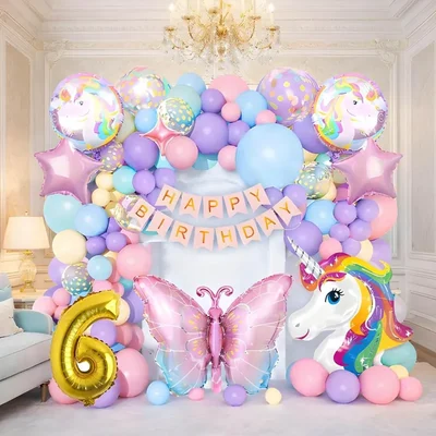 Pack of 4, 60 Pcs Unicorn Butterfly 6th Birthday Decoration Set | Pastel Balloon Arch Kit with Banner