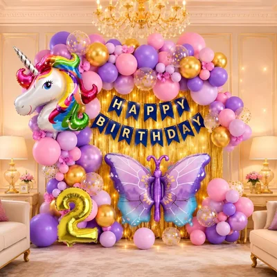 Pack of 3, 44 Pcs 2nd Birthday Decoration Kit for Girls | Pink Purple Gold Balloon Arch with Number 2 Foil Balloon