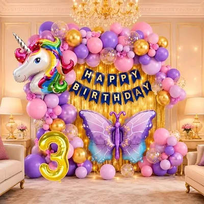 Pack of 3, 44 Pcs 3rd Birthday Decoration Kit for Girls | Pink Purple Gold Balloon Arch with Number 3 Foil Balloon