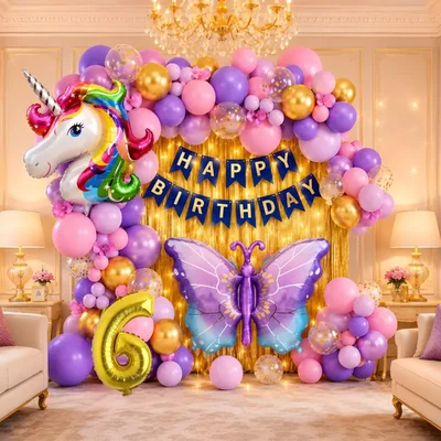 Pack of 3, 44 Pcs 6th Birthday Decoration Kit for Girls | Pink Purple Gold Balloon Arch with Number 6 Foil Balloon