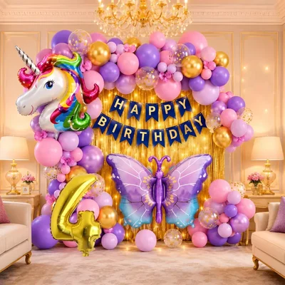 Pack of 3, 44 Pcs 4th Birthday Decoration Kit for Girls | Pink Purple Gold Balloon Arch with Number 4 Foil Balloon
