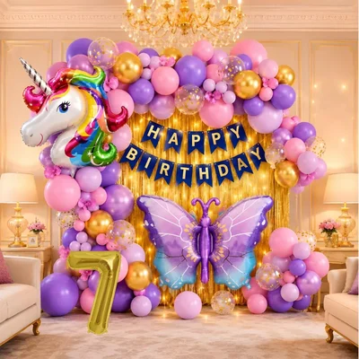 Pack of 3, 44 Pcs 7th Birthday Decoration Kit for Girls | Pink Purple Gold Balloon Arch with Number 7 Foil Balloon