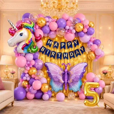 Pack of 3, 44 Pcs 5th Birthday Decoration Kit for Girls | Pink Purple Gold Balloon Arch with Number 5 Foil Balloon