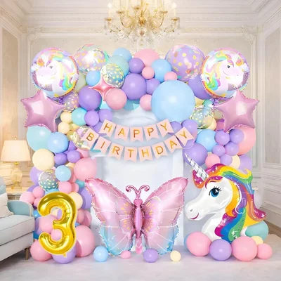 Pack of 4, 60 Pcs Unicorn Butterfly 3rd Birthday Kit - Pastel Balloon Arch & Butterfly Foils