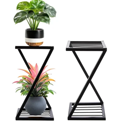 Heavy Duty Z-Shape 2-Tiers Pots Stand, Anti-Rust Metal Flower Pot Holder, For Balcony, Living Room & Home Decoration(Pack-Pack of 2)