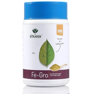 Utkarsh FeGro (Iron-Fe-12% EDTA Chelated, 100% Water Soluble Foliar Spray Fertilizer) for Chlorophyll Synthesis | 500 gm