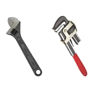 Venus 2 Pieces of Wrench Set : Adjustable Wrench (200 mm) (Phospate), Pipe Wrench Stillson Type with Polished Jaw (200 mm)