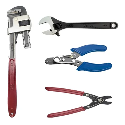Venus Hand Tools Combo - Wire Stripper (WS 150B), 180 mm Cable Cutter (CC-180), 10/250mm Pipe wrench & 10/250 mm Adjustable Wrench
