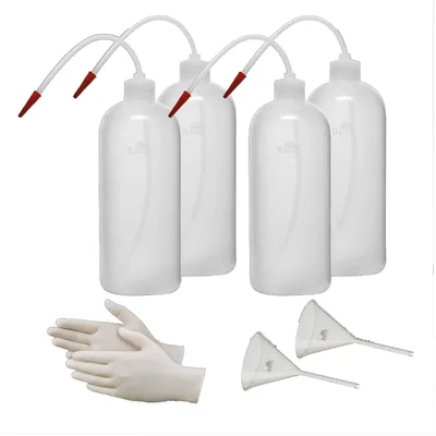 Bello Polypropylene Wash Bottle, 4pcs Screw Cap with Flexible Delivery Tube, Gloves Set, 2pcs Funnel