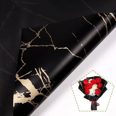 Black & Gold Waterproof Marble Flower Wrapping Paper Sheets, 20 Pcs, Pack of 2, Includes 3 Pull Bow Ribbons
