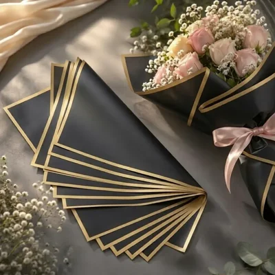 20 Sheet Waterproof Black Golden Border Line Flower Bouquet Gift Wrapping Paper Set 3 Pull Bow Ribbons Pack of 2