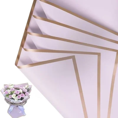 20 Sheet Waterproof Lavender Golden Border Line Flower Bouquet Gift Wrapping Paper Set 3 Pull Bow Ribbons Pack of 2