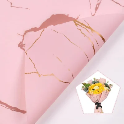 Baby Pink & Gold Waterproof Marble Flower Wrapping Paper Sheets, 20 Pcs, Pack of 2, Includes 3 Pull Bow Ribbons