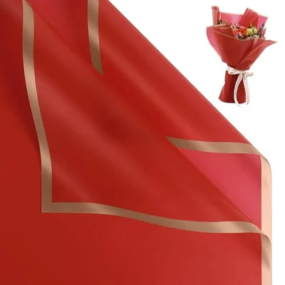 20 Sheet Waterproof Red Golden Border Line Flower Bouquet Gift Wrapping Paper Set 3 Pull Bow Ribbons Pack of 2