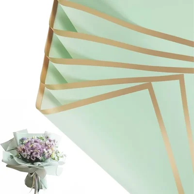 20 Sheet Waterproof Sea Green Golden Border Line Flower Bouquet Gift Wrapping Paper Set 3 Pull Bow Ribbons Pack of 2