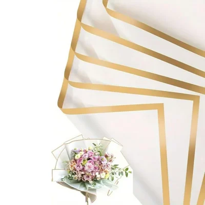 20 Sheet Waterproof White Golden Border Line Flower Bouquet Gift Wrapping Paper Set 3 Pull Bow Ribbons Pack of 2
