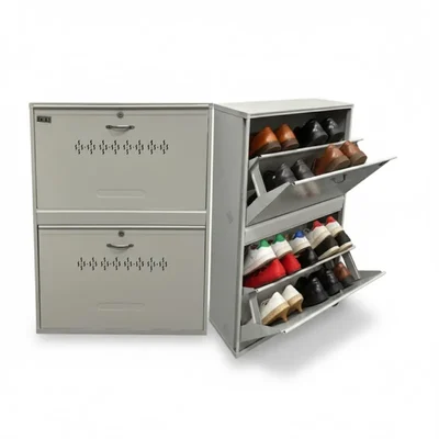 Welbuilt 2 Door 4 Shelf Double Decker Metal Shoe Rack for Home, 34 x 26 x 9.5 inches, Shoe Cabinet for Home with Lock