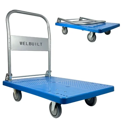 Welbuilt 300kg Plastic Foldable Platform Trolley for Heavy Weight Material Handling Warehouse Goods Cart(Color-blue)