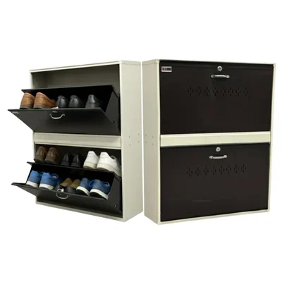 Welbuilt 2 Door 4 Shelf Double Decker Metal Shoe Rack for Home, 34 x 26 x 9.5 inches, Shoe Cabinet for Home with Lock