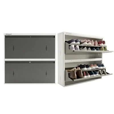 WELBUILT 16-Pair Wall Mounted Metal Shoe Rack, Slim 2 Door 4 Shelf Double Decker Cabinet with Lock, White & Grey