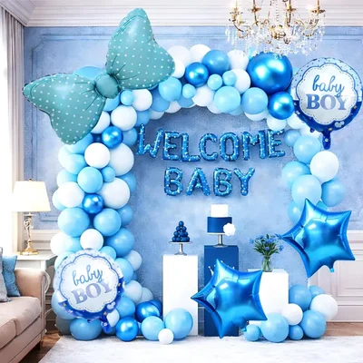 Pack of 4, 53 Pcs Welcome Baby Boy Decoration Kit - Blue Balloon Arch, Star & Bow Foil Balloons