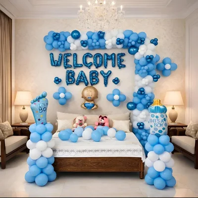Pack of 4, 51 Pcs Welcome Baby Boy Decor Kit - Blue & White Arch, Baby Face Foil & Banner