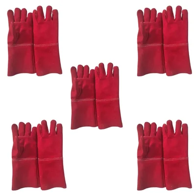 DSY Pack of 5 A-Grade Red Leather Welding Gloves. Full Lining. 2 parts