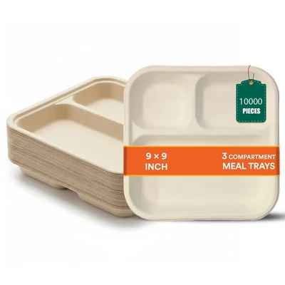 10000 Pcs, 9 Inch 3 Compartment White Bagasse Meal Tray For Food Packaging and Takeaway