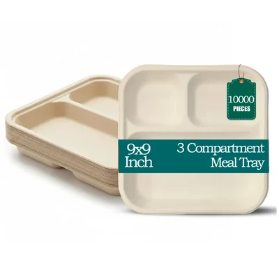 10000 Pcs, 9 Inch 3 Compartment White Bagasse Meal Tray For Food Packaging and Takeaway