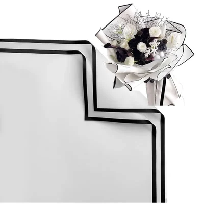 Pack of 2 White Black Aristocratic Border Korean Flower Wrapping 40 Sheets Waterproof Bouquet Packing with 3 Free Pull Bow Ribbons